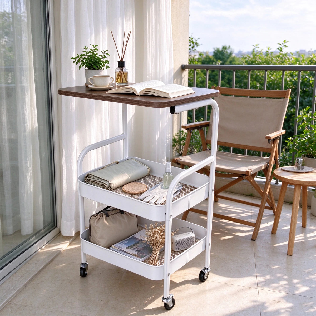 Rolling Kitchen Cart with Wooden Tabletop, 3 Tier Mobile Storage Trolley with Locking Casters, Multi-use Movable Prep Side Table, Metal Organizer Cart for Kitchen Vegetables, Seasonings and Cookware Storage
