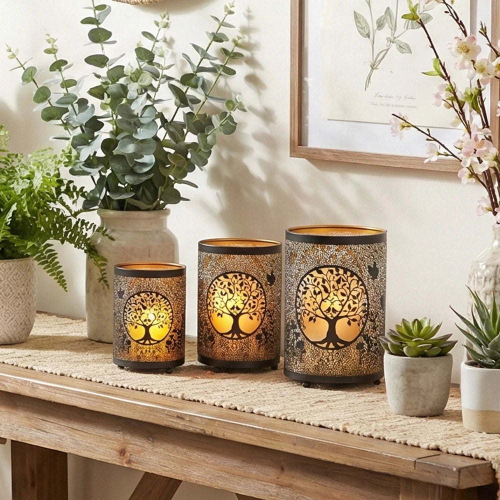 3PCS Tree of Life Candle Lantern 13&16&19cm High Etched Bronze Metal Candle Holder Decorations for Living Room Tabletop Patio