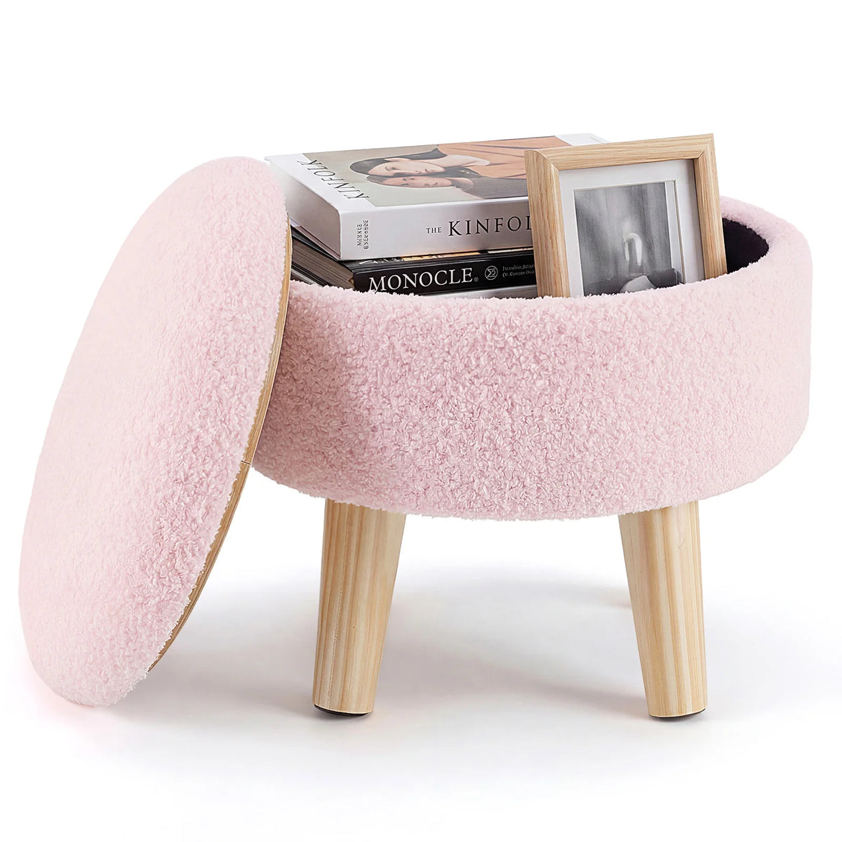 MCQ Round Velvet Ottoman Foot Rest Stool with Storage Makeup Cute Soft Small Footstool Wood Legs with Anti-Slip Feet for Living Room Bedroom Entryway