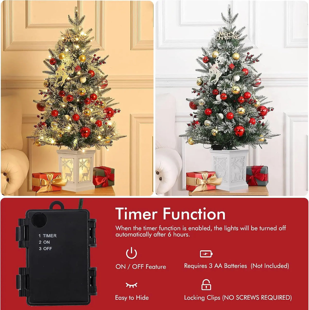3 ft Artificial Christmas Tree with Light Mini Small Xmas Tree for Christmas Decoration New Year Gift for Home Office Outdoor Indoor Decor with Classic White Base