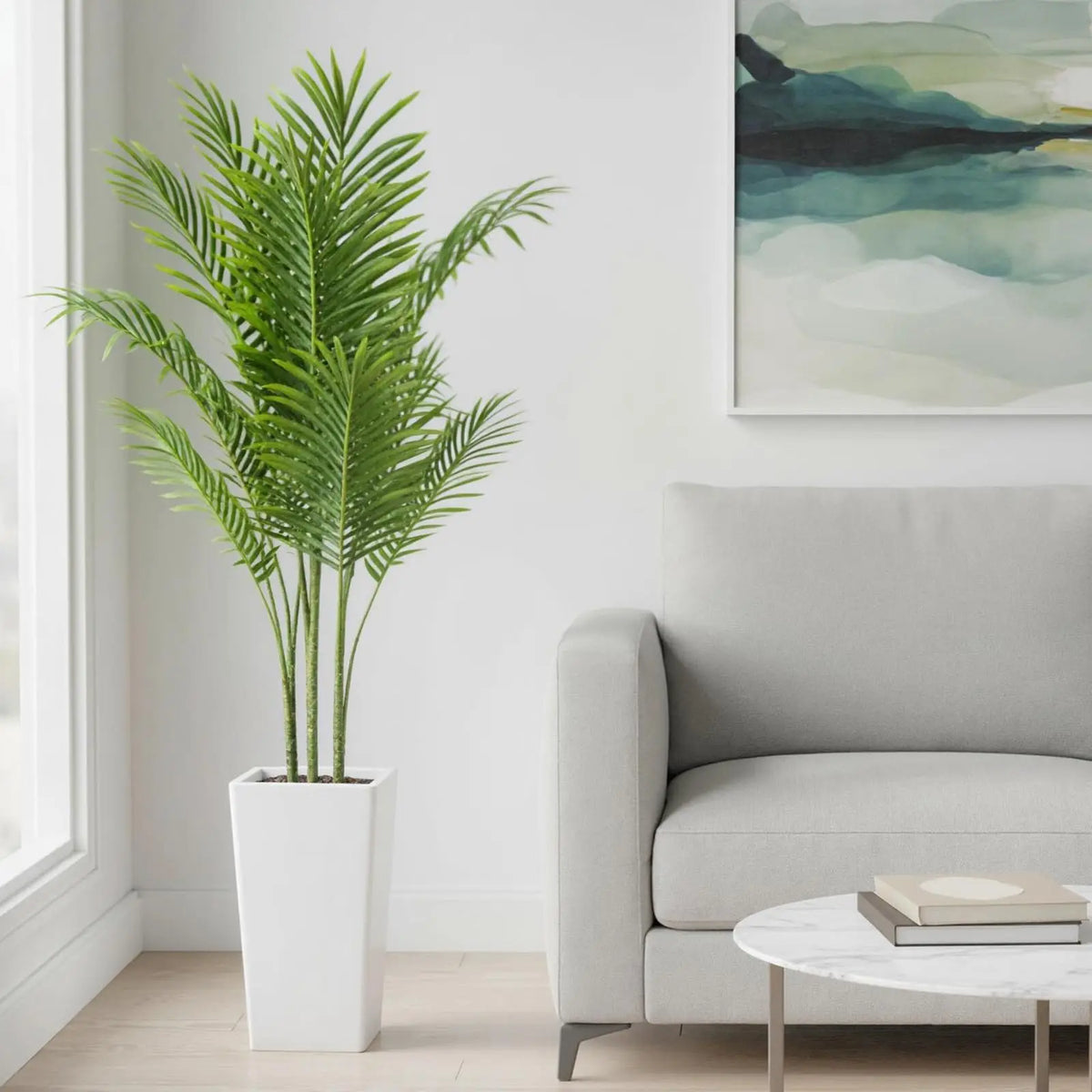 4.8FT Artificial Palm Tree, Tall Faux Plants Indoor Tropical Areca with White Planter and Lifelike Leaves, Fake Potted Trees for Living Room Bedroom Home Office Outdoor Porch Decor
