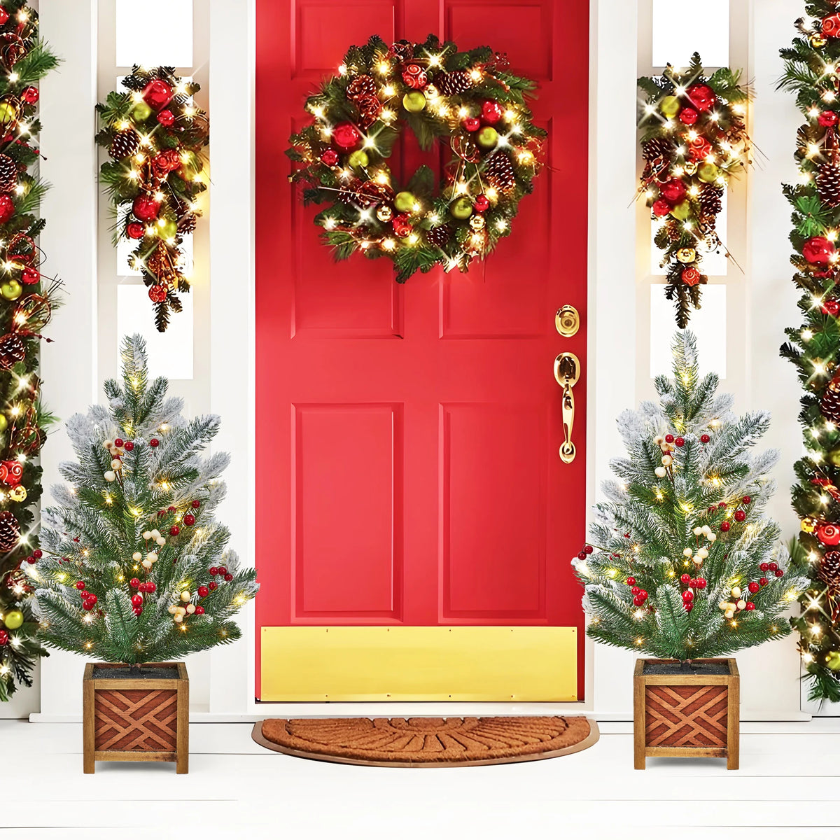 24" Pre-Lit Mini Christmas Tree with LED Lights – Frosted Artificial Pine Tree with Red & White Berries, Bow, Balls & Pine Cones – Battery Operated Tabletop Holiday Decor with Wooden Base