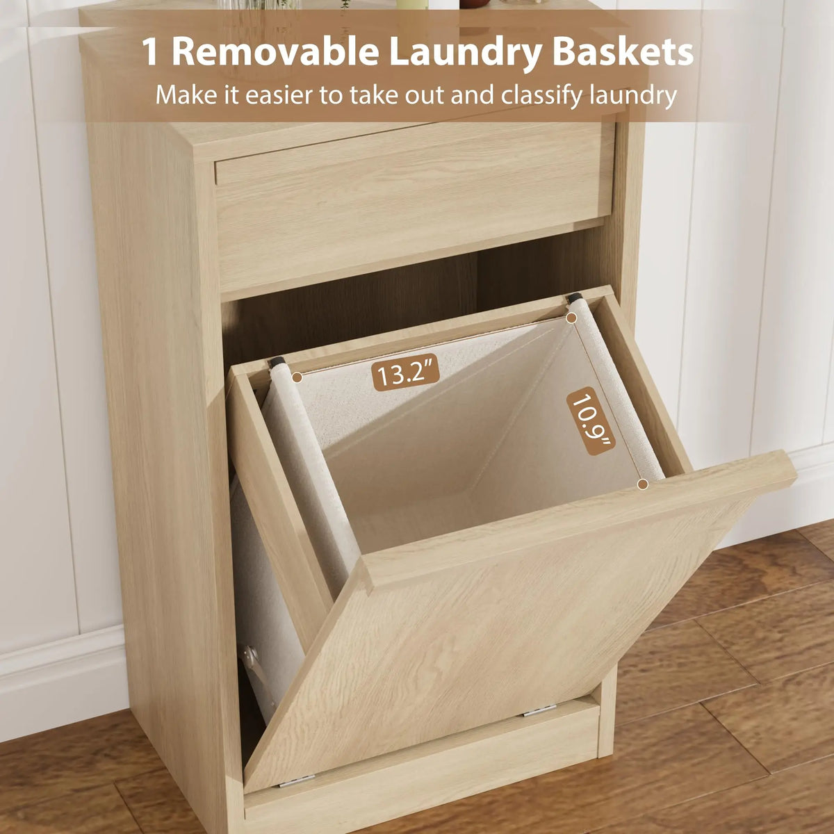 Tilt Out Laundry Hamper Cabinet With Drawer, 10 Gallon Farmhouse Trash Can Cabinet, Hidden Wood Basket For Bathroom Kitchen Home
