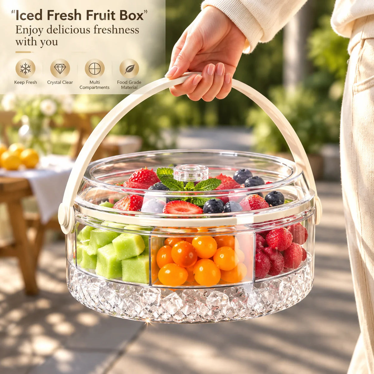Clear Divided Iced Fruit Storage Box with Handle, Multi-Compartment Fruit Serving Container with Lid, Portable Fruit Tray for Kitchen, Parties, Picnics and Home Use
