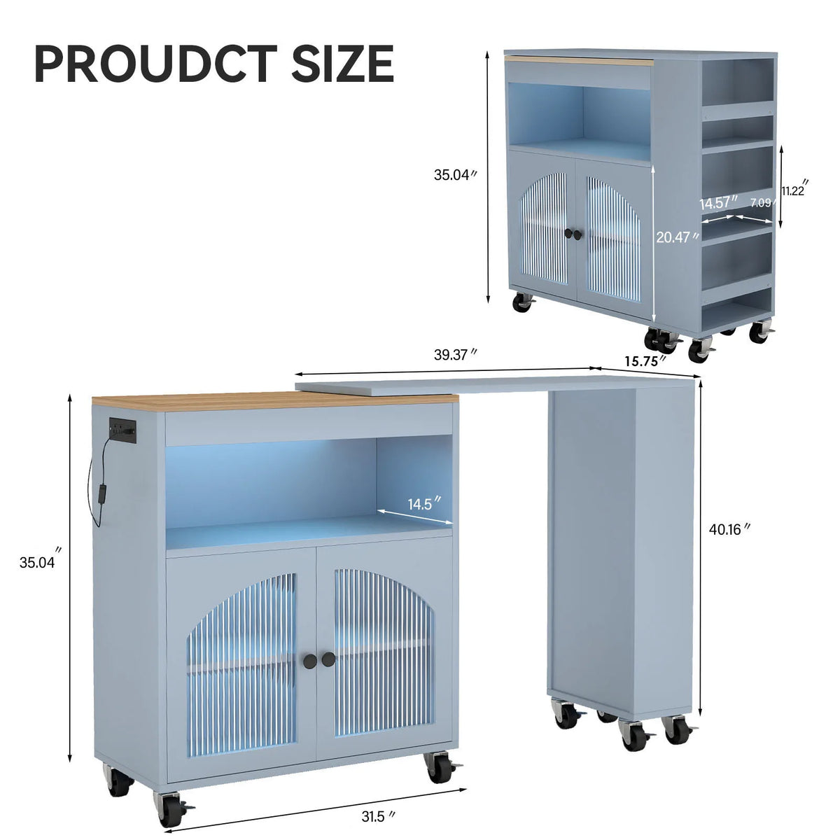 Kitchen Island On Wheels w Storag Extended Table MDF Rolling Kitchen Storage Cart w LED Light Power Outlets 2 Fluted Glass Doors