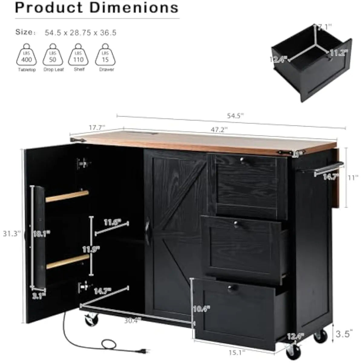 54.5 Inch Mobile Kitchen Island with Foldable Countertop, Built-in Power Sockets, Tiered Storage Shelves, Engineered Wood Constr