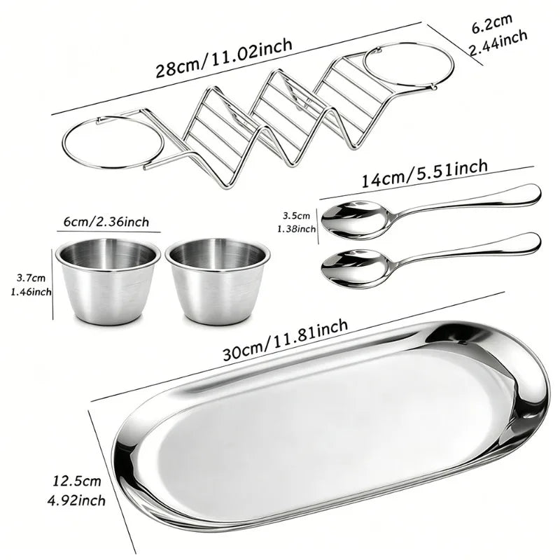 1Set Taco Serving Utensils Set, Stainless Steel Taco Holder, Dressing Cups, Seasoning Spoons and Serving Tray, Elegant Taco Stand Accessories, Suitable for Home, Kitchen, Restaurant and Party Use, Ideal Gift for Mother's Day