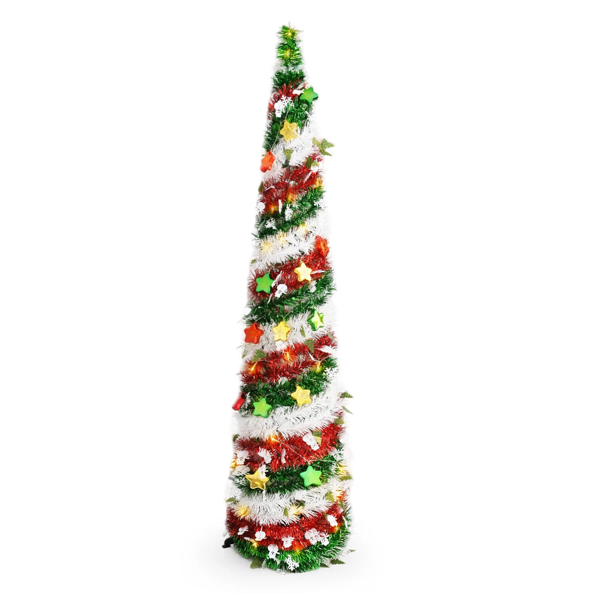 Pop Up Christmas Tree, 59 Inch Pre-Lit Collapsible Artificial Christmas Tree, Red White Green Tinsel Foldable Slim Christmas Tree with Star Ornaments, 1 Pack for Indoor Holiday Home Decor