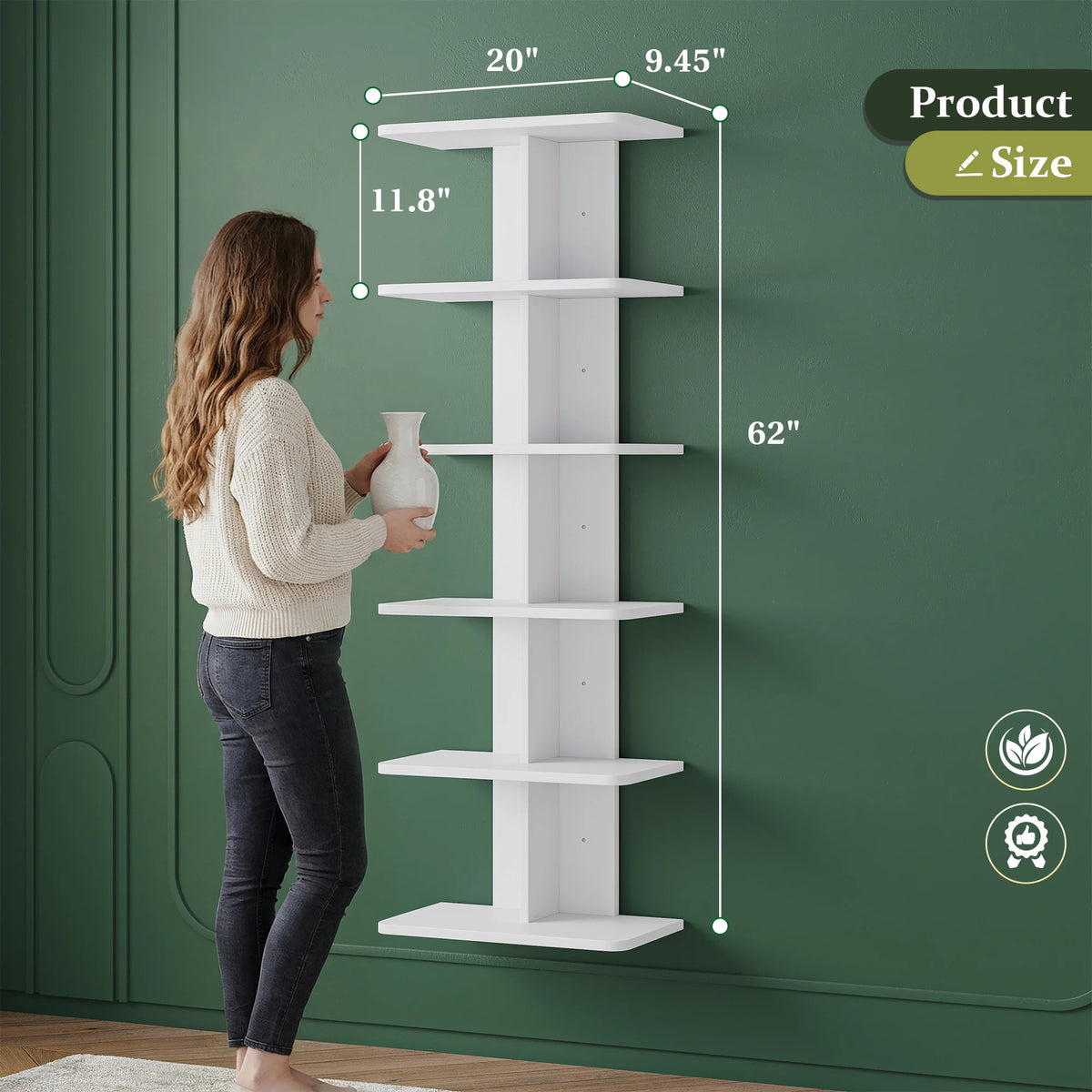 4-Tier Vertical Wall Column Shelf, White Wall Mounted Storage Rack, Modern Symmetrical Organizer, Space Saving for Small Apartments & Rooms