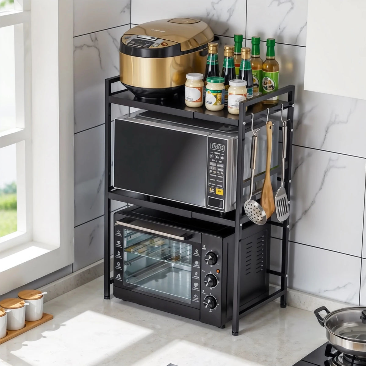 2 Tier Microwave Stand Wear Resist Condiment Organizer Stand Oven Organizer Shelf for Countertop Kitchen Utensils Tableware