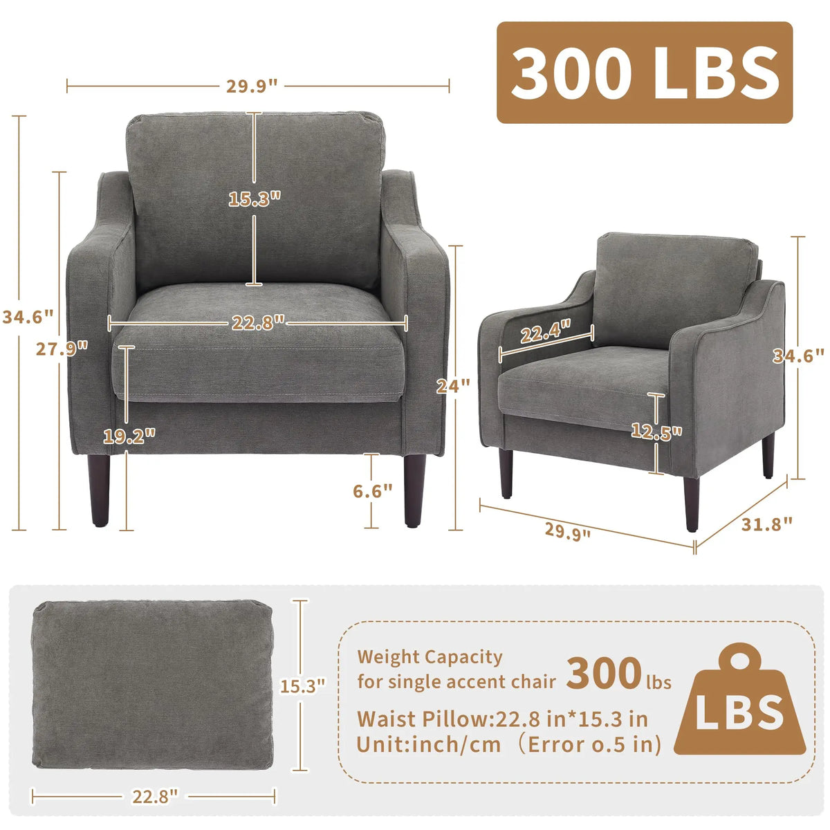 Modern Upholstered Accent Chair, Single Sofa Armchair with Solid Wood Legs, Comfy Lounge Chair for Living Room Bedroom