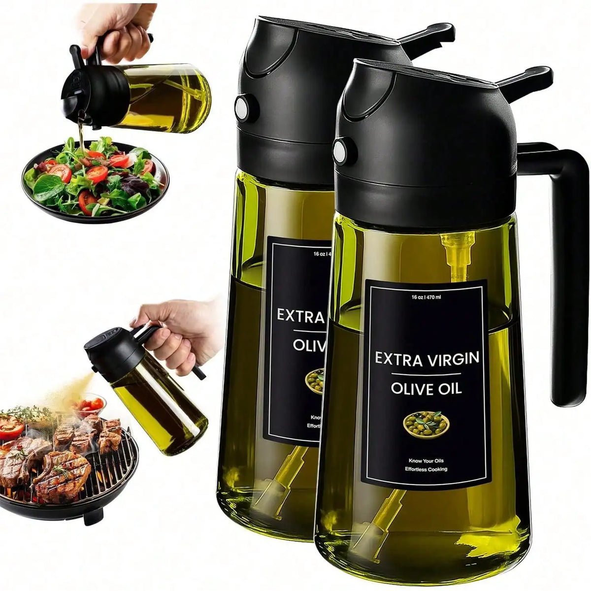 2-In-1 Glass Olive Oil Sprayer Bottle With Dispenser, 16oz Cooking Oil Spray Bottle With Labels For Kitchen, Air Fryer, Salad, BBQ & Baking, Easy Pour Oil Container