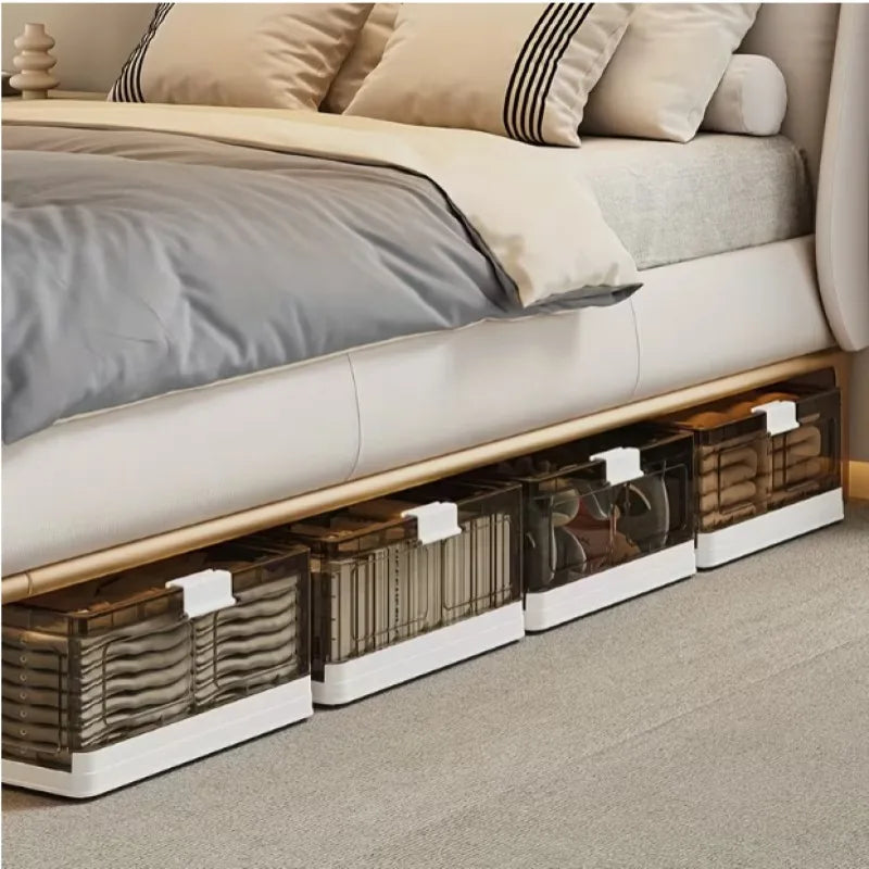Foldable Under Bed Storage Box with Clear Transparent Flip Lid & Built-in Rolling Wheels, Collapsible Stackable Plastic Underbed Storage Container with Side Gripping Handles, Dustproof Low Profile Organizer for Clothes, Blank