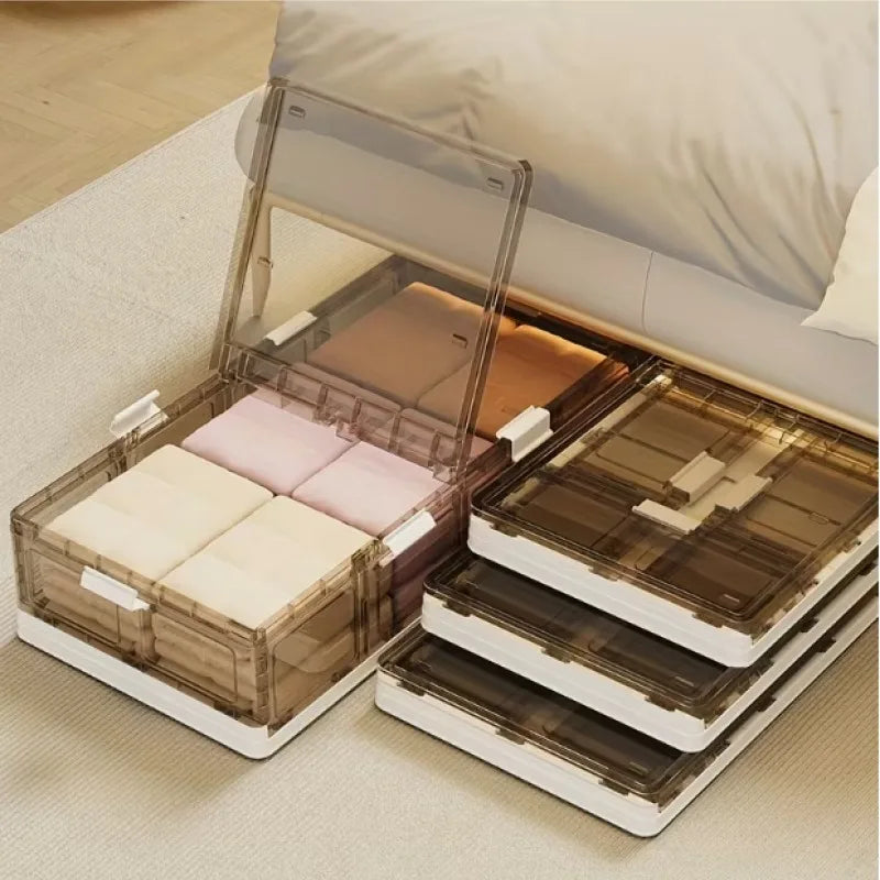 Foldable Under Bed Storage Box with Clear Transparent Flip Lid & Built-in Rolling Wheels, Collapsible Stackable Plastic Underbed Storage Container with Side Gripping Handles, Dustproof Low Profile Organizer for Clothes, Blank