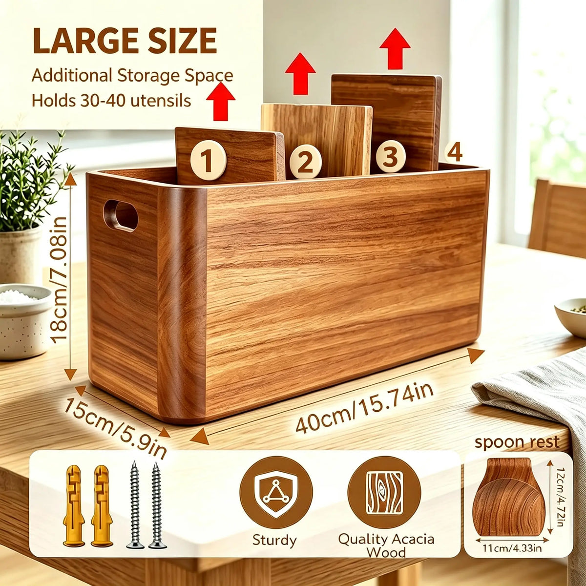 CENTER Kitchen Utensil Holder for Counter or Countertop Extra LargeOrganizer with 4 Compartments, Wooden Utensil Holder for Cooking Silverware,Wood Container Sturdy Utensil Crock