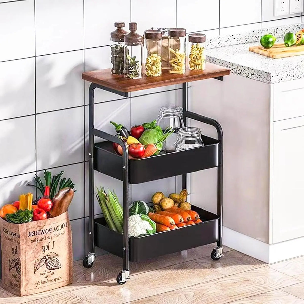 Rolling Kitchen Cart with Wooden Tabletop, 3 Tier Mobile Storage Trolley with Locking Casters, Multi-use Movable Prep Side Table, Metal Organizer Cart for Kitchen Vegetables, Seasonings and Cookware Storage