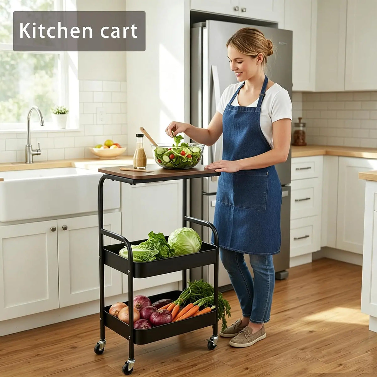 Rolling Kitchen Cart with Wooden Tabletop, 3 Tier Mobile Storage Trolley with Locking Casters, Multi-use Movable Prep Side Table, Metal Organizer Cart for Kitchen Vegetables, Seasonings and Cookware Storage
