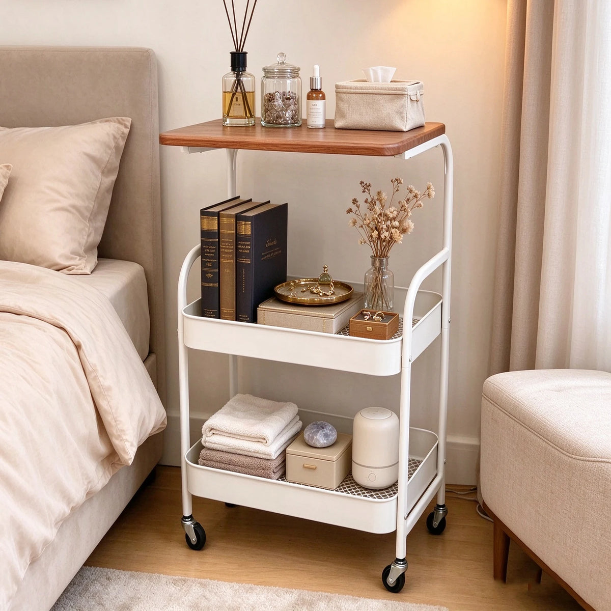 Rolling Kitchen Cart with Wooden Tabletop, 3 Tier Mobile Storage Trolley with Locking Casters, Multi-use Movable Prep Side Table, Metal Organizer Cart for Kitchen Vegetables, Seasonings and Cookware Storage