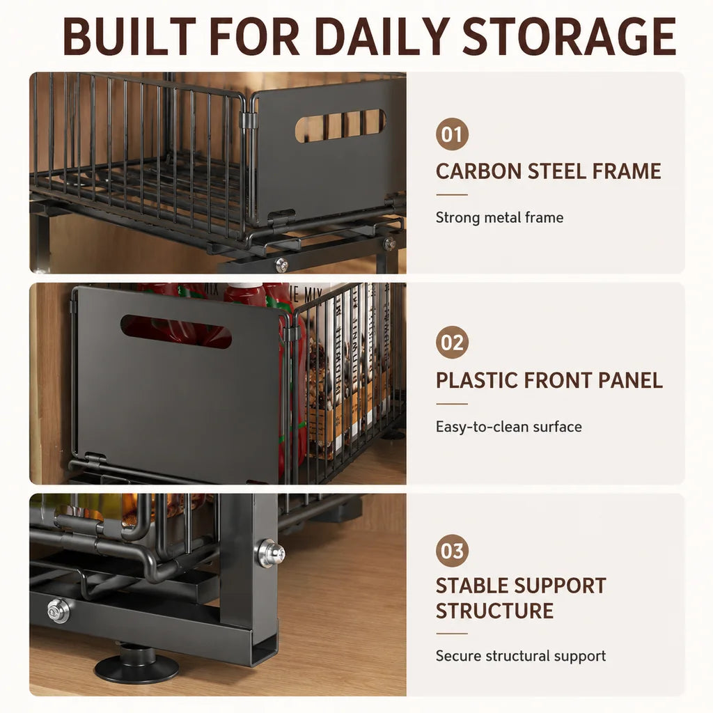 Under Sink Organizer 2-Tier Pull Out Cabinet Storage Rack, L-Shaped Foldable Shelf for Kitchen Bathroom, Space Saver with Adjustable Drawers, Black Carbon Steel