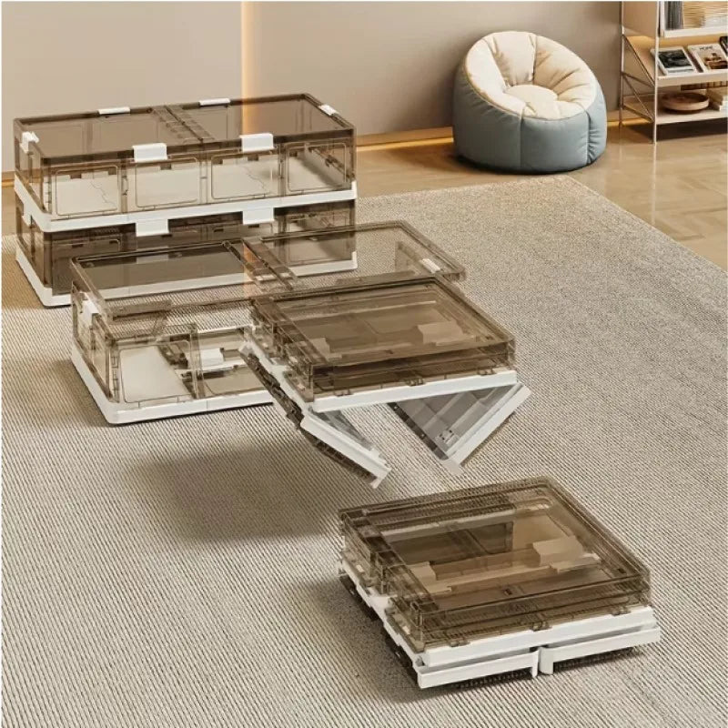 Foldable Under Bed Storage Box with Clear Transparent Flip Lid & Built-in Rolling Wheels, Collapsible Stackable Plastic Underbed Storage Container with Side Gripping Handles, Dustproof Low Profile Organizer for Clothes, Blank