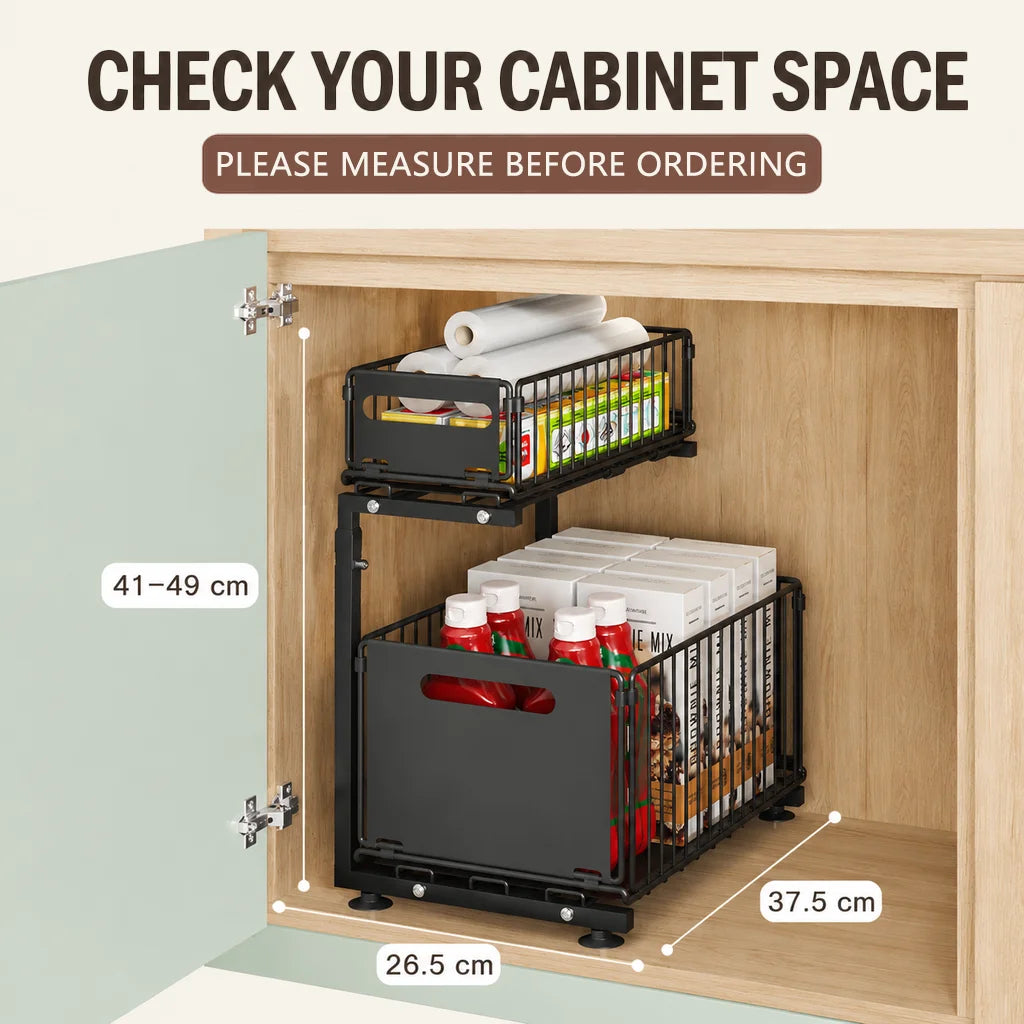 Under Sink Organizer 2-Tier Pull Out Cabinet Storage Rack, L-Shaped Foldable Shelf for Kitchen Bathroom, Space Saver with Adjustable Drawers, Black Carbon Steel