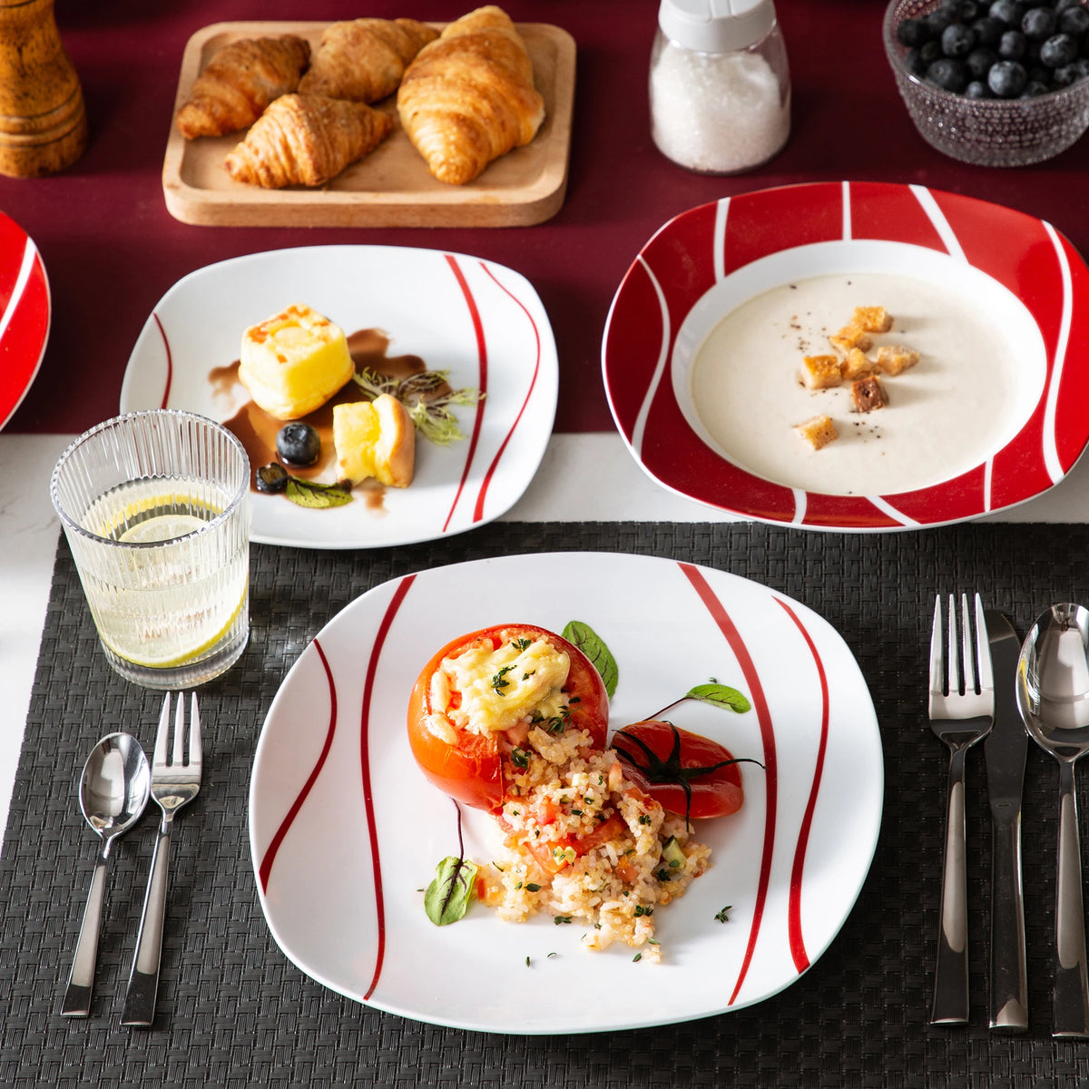 MALACASA Series Felisa 18-Piece Red Stripes Porcelain Dinner Set with 6*Dessert Soup Dinner Plates Service For 6person