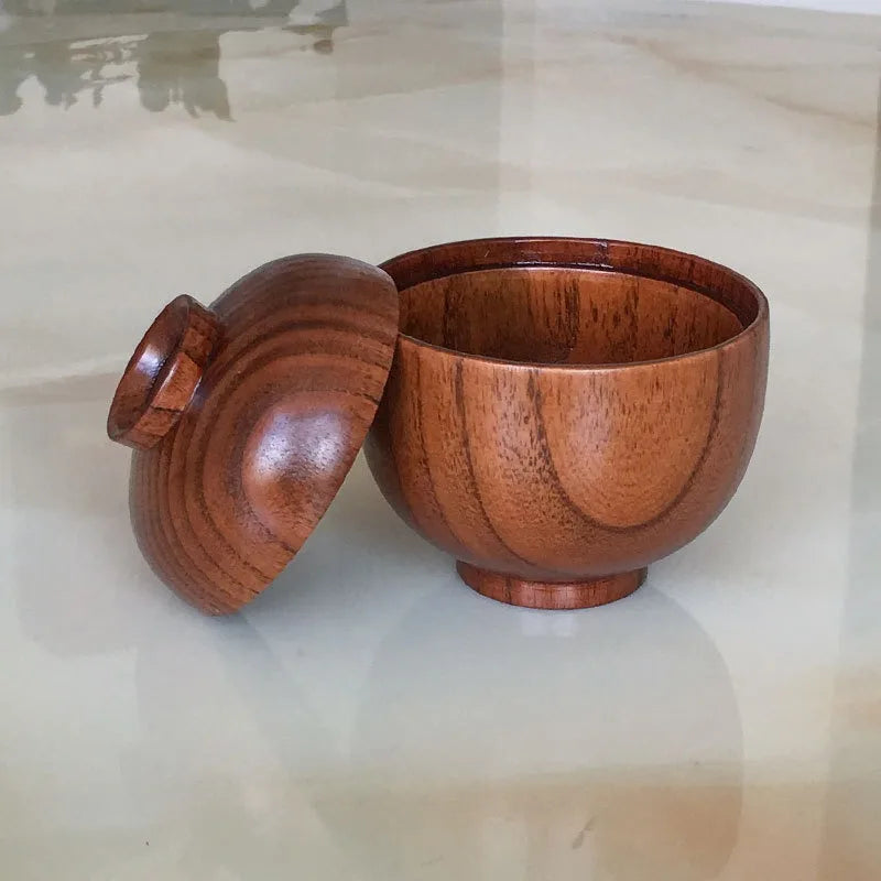 Wooden Bowl with Lid Set Child Safe Anti Scald Miso Soup Bowl Rice Salad Bowl Natural Wood Serving Tableware Nut Bowl for Home Kitchen