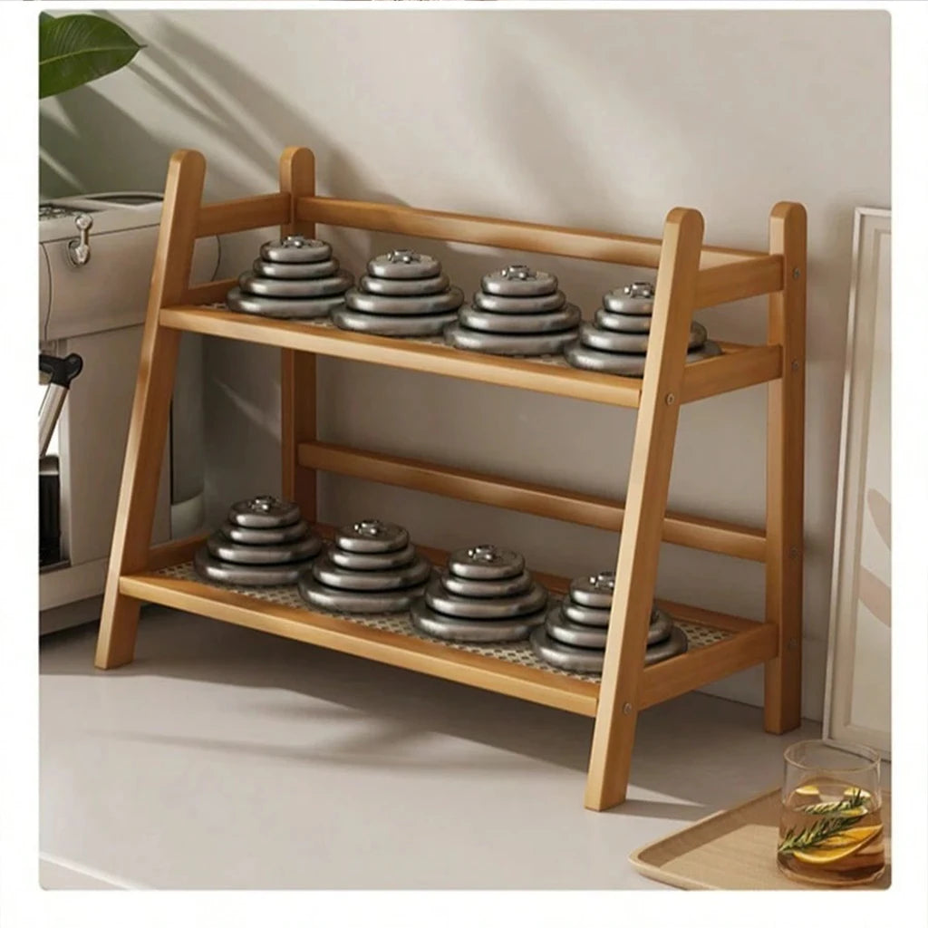 2-Tier Bamboo Storage Rack with Rattan Shelf, Natural Wood Desktop Organizer for Kitchen Spice, Bathroom Cosmetics & Plants, Boho Home Decor