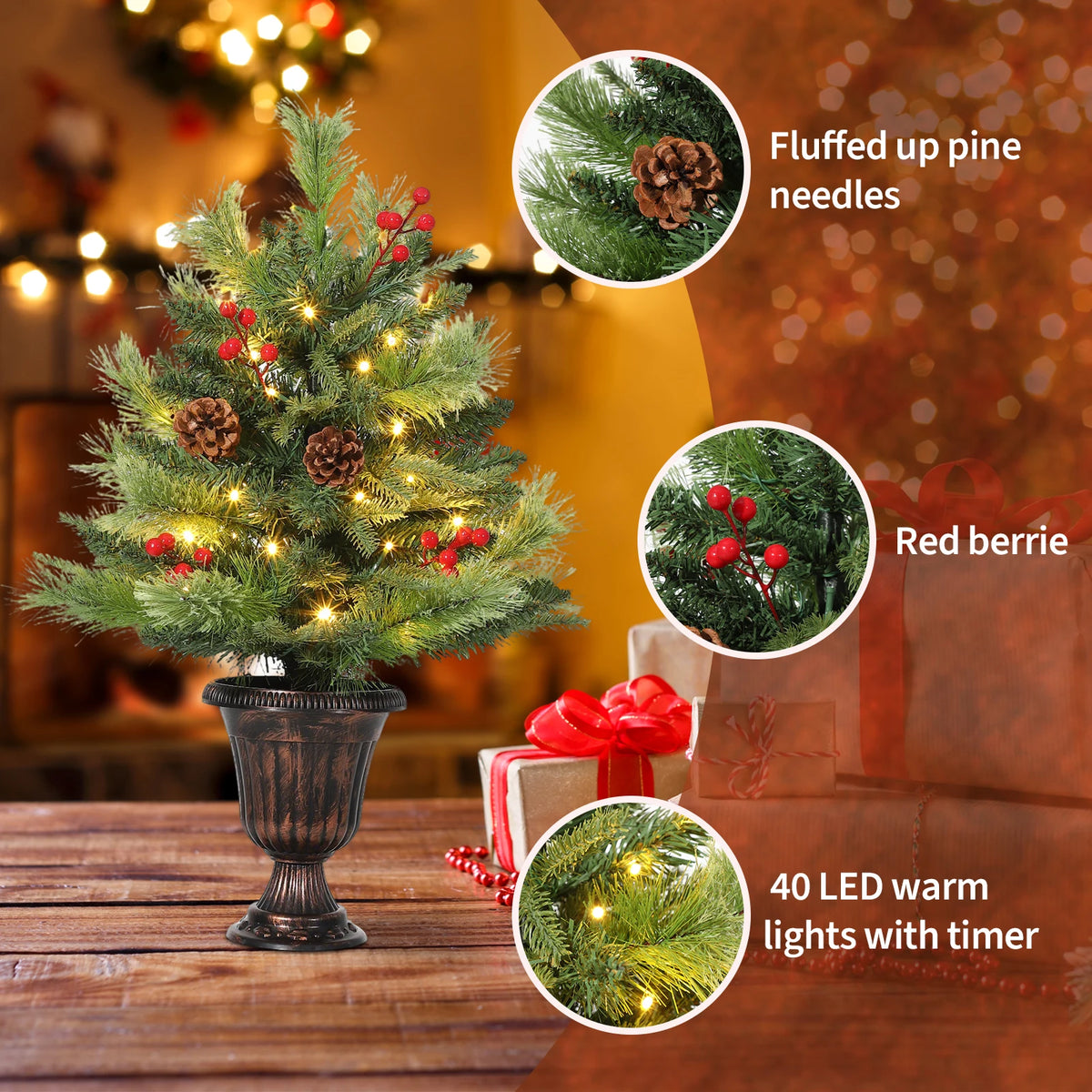 Mini Artificial Christmas Tree Pre Lit 2ft 3ft with 40 70 Warm LED Lights Pine Cones Red Berries Tabletop Holiday Decor for Home Office Indoor Outdoor