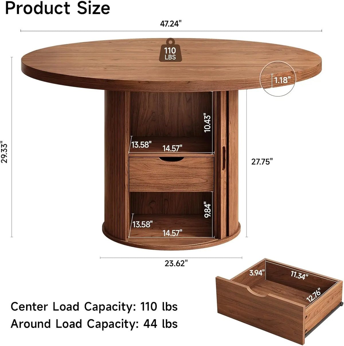 ONBRILL 47'' Round Dining Table (119cm) with Storage - Walnut Wood Finish Kitchen Table | Space-Saving Design Seats 4-6 People, Compact for Small Spaces