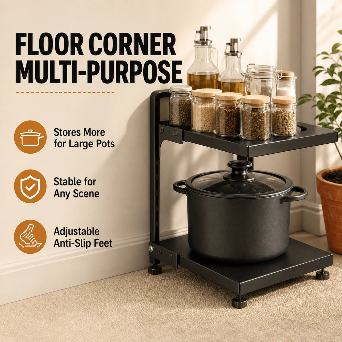 A Height-Adjustable 2/3/4/5/7-Layer Adjustable Stainless Steel Kitchen Storage Rack, Kitchen Storage Shelf, Multi-Layer Drain Organizer for Pots, Pans and Tableware, Painted Finish, Black, Kitchen Storage | Shelf, Kitchen Sin