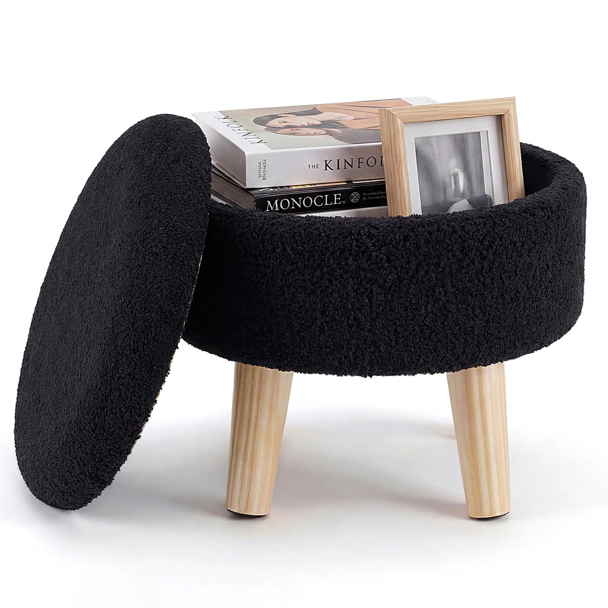 MCQ Round Velvet Ottoman Foot Rest Stool with Storage Makeup Cute Soft Small Footstool Wood Legs with Anti-Slip Feet for Living Room Bedroom Entryway