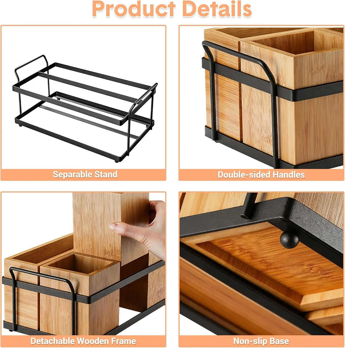 Garvee Wood Kitchen Utensil Holder Spoon Fork Tableware Metal TrayStorage Rack Container 4 Removable Compartments Utensil Caddy Organizer Silverware Holder for Kitchen, Buffet, Picnic, Camping