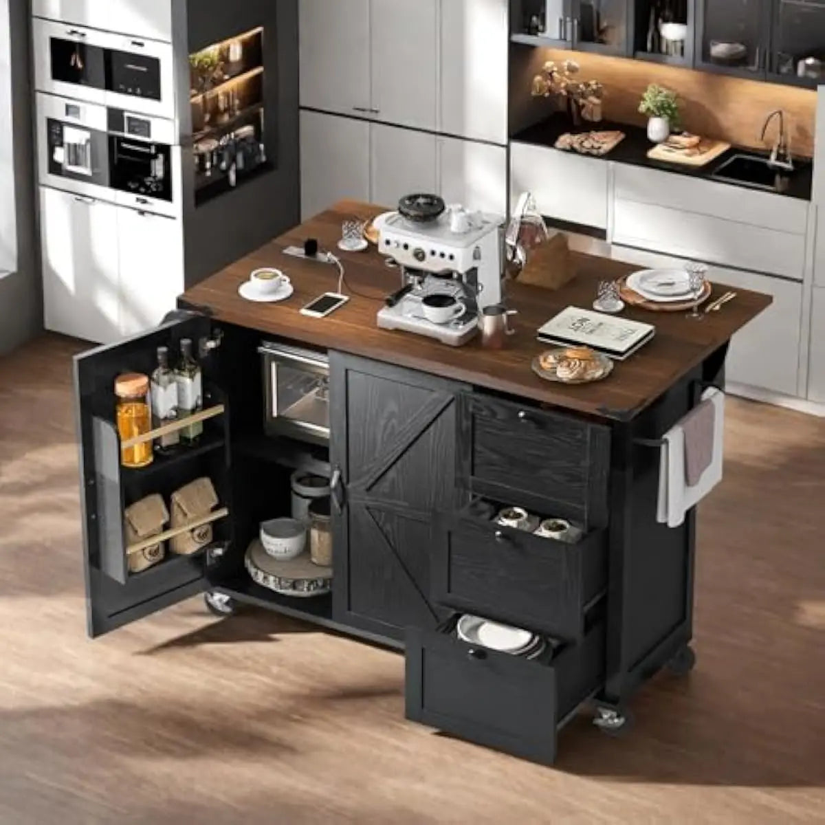 54.5 Inch Mobile Kitchen Island with Foldable Countertop, Built-in Power Sockets, Tiered Storage Shelves, Engineered Wood Constr