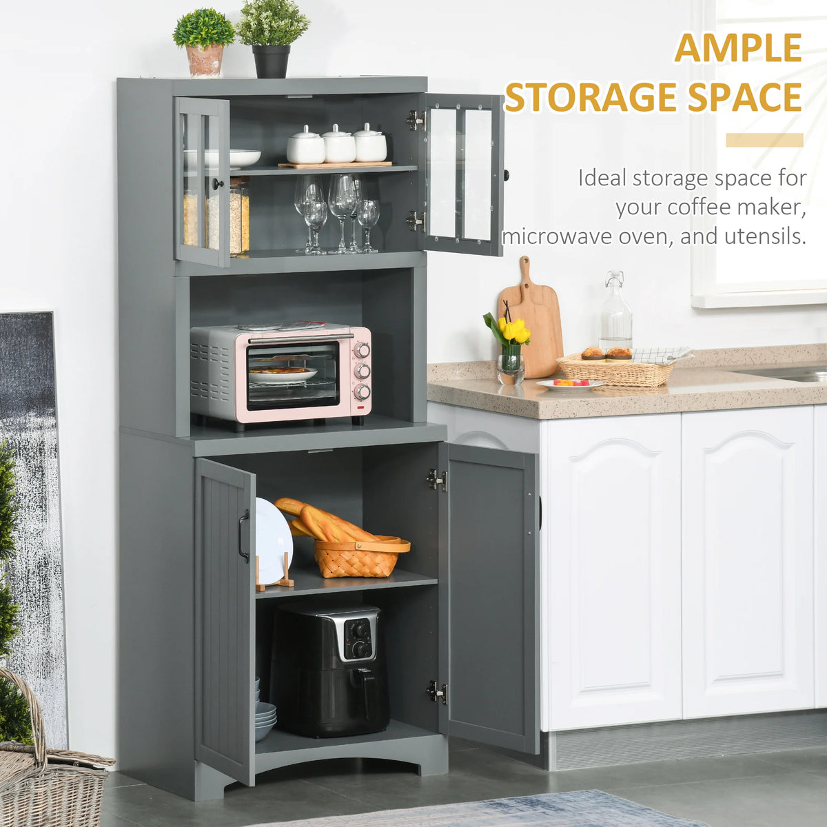 HOMCOM Kitchen Hutch, 70" Pantry Cabinet with Glass Framed Door,  Storage Cabinet with Adjustable Shelves and Microwave Space for Dining Room, Gray