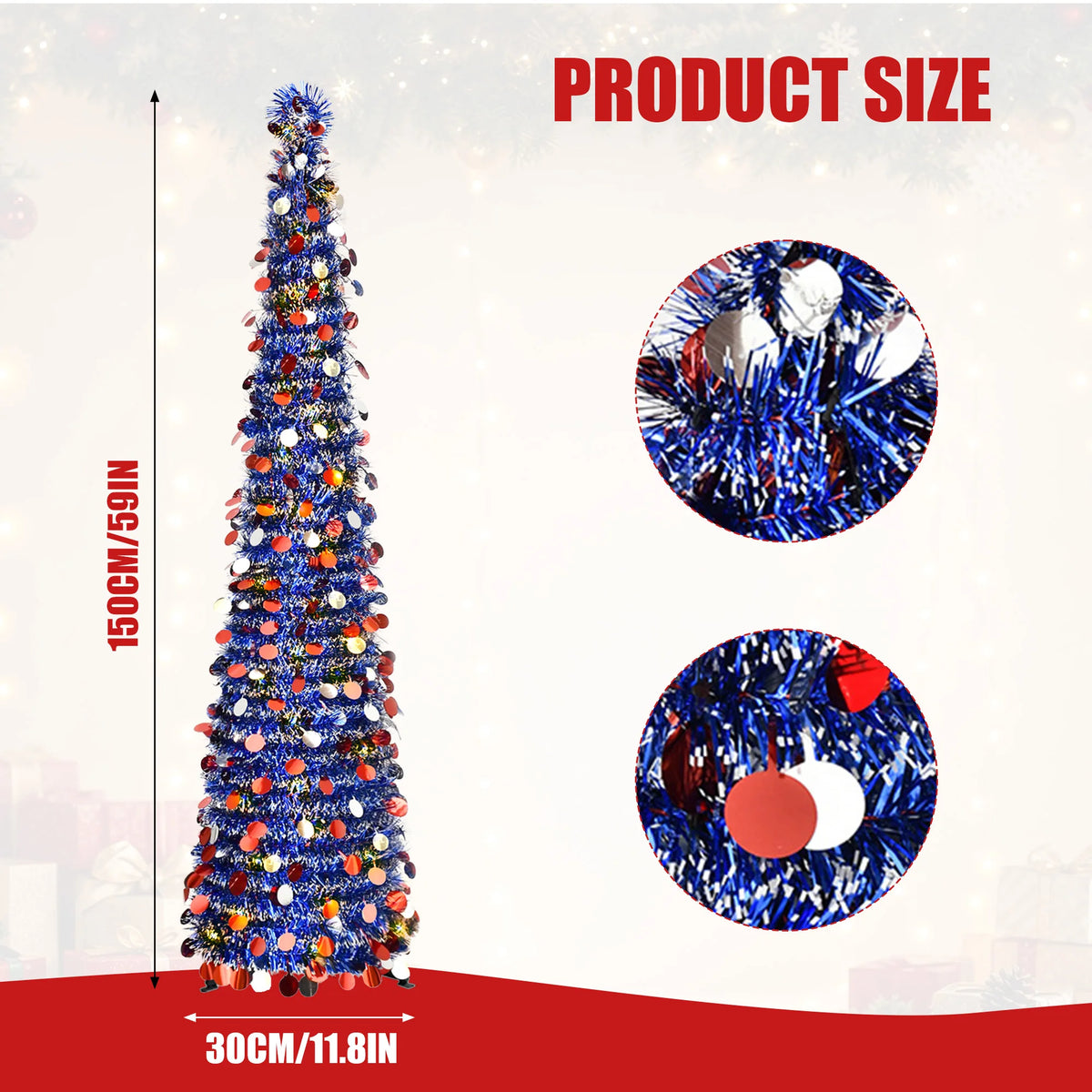 Pop Up Christmas Tree, 59 Inch Pre-Lit Collapsible Artificial Christmas Tree, Red White Green Tinsel Foldable Slim Christmas Tree with Star Ornaments, 1 Pack for Indoor Holiday Home Decor