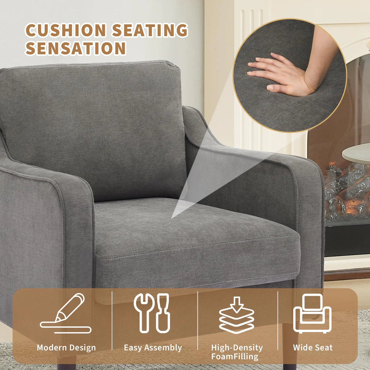 Modern Upholstered Accent Chair, Single Sofa Armchair with Solid Wood Legs, Comfy Lounge Chair for Living Room Bedroom
