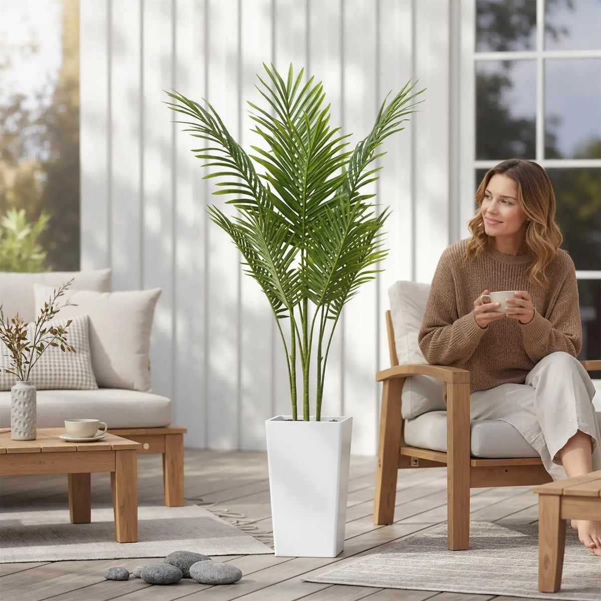 4.8FT Artificial Palm Tree, Tall Faux Plants Indoor Tropical Areca with White Planter and Lifelike Leaves, Fake Potted Trees for Living Room Bedroom Home Office Outdoor Porch Decor