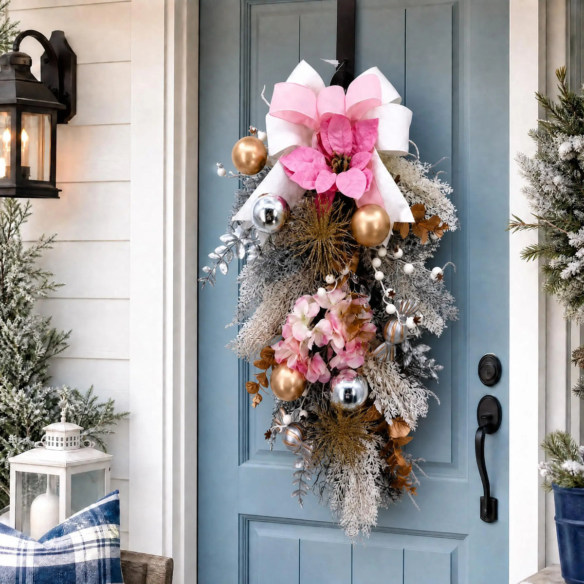 30 Inch Pink Christmas Teardrop Swag With Satin Ribbon Bow, Frosted Pvc Pine For Front Door Wall Window Mantel Holiday Decor