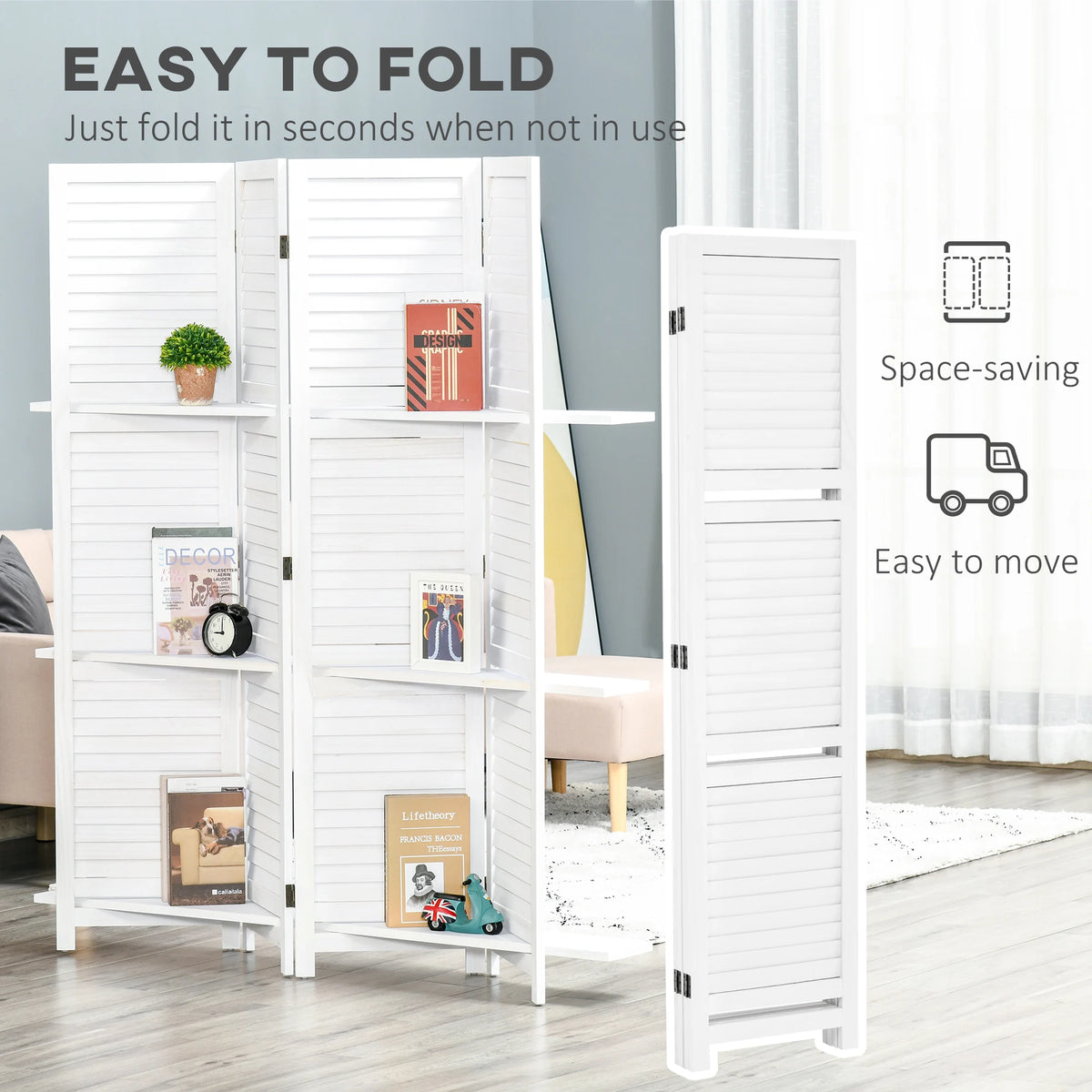Wood Mobile Folding Privacy Screen, Room Divider W/ Shelves Distressed White
