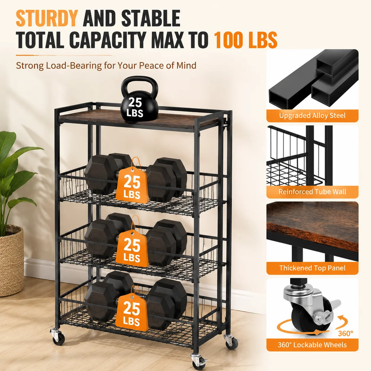 Large 4-Tier Foldable Storage Cart with Lockable Casters, 100 Lbs Capacity Expandable Kitchen Organizer, No Assembly Heavy Duty Garage Shelving Utility Rack, Black