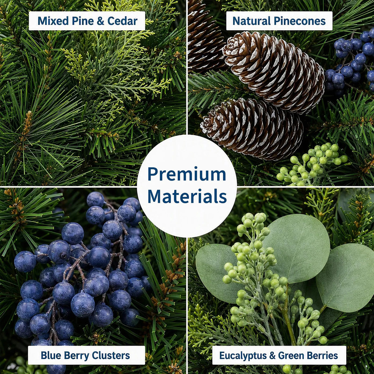 24 Inch Pre-Lit Blue Berry Christmas Wreath With 20 Led Lights, 8 Modes & Timer, Battery Operated Front Door Mantel Decor