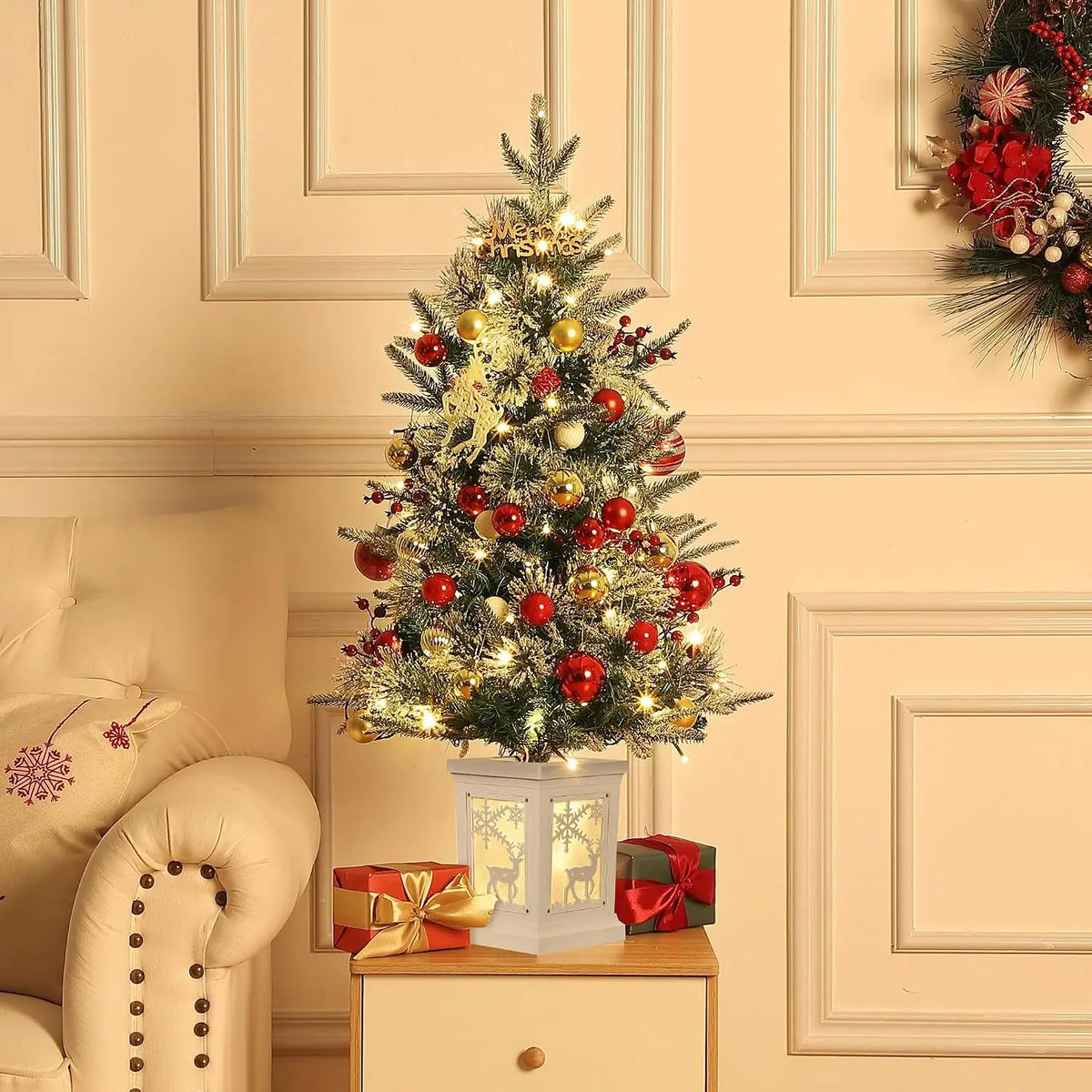 3 ft  Artificial Christmas Tree with Light Mini Small Xmas Tree for Christmas Decoration New Year Gift for Home Office Outdoor Indoor Decor with Classic White Base