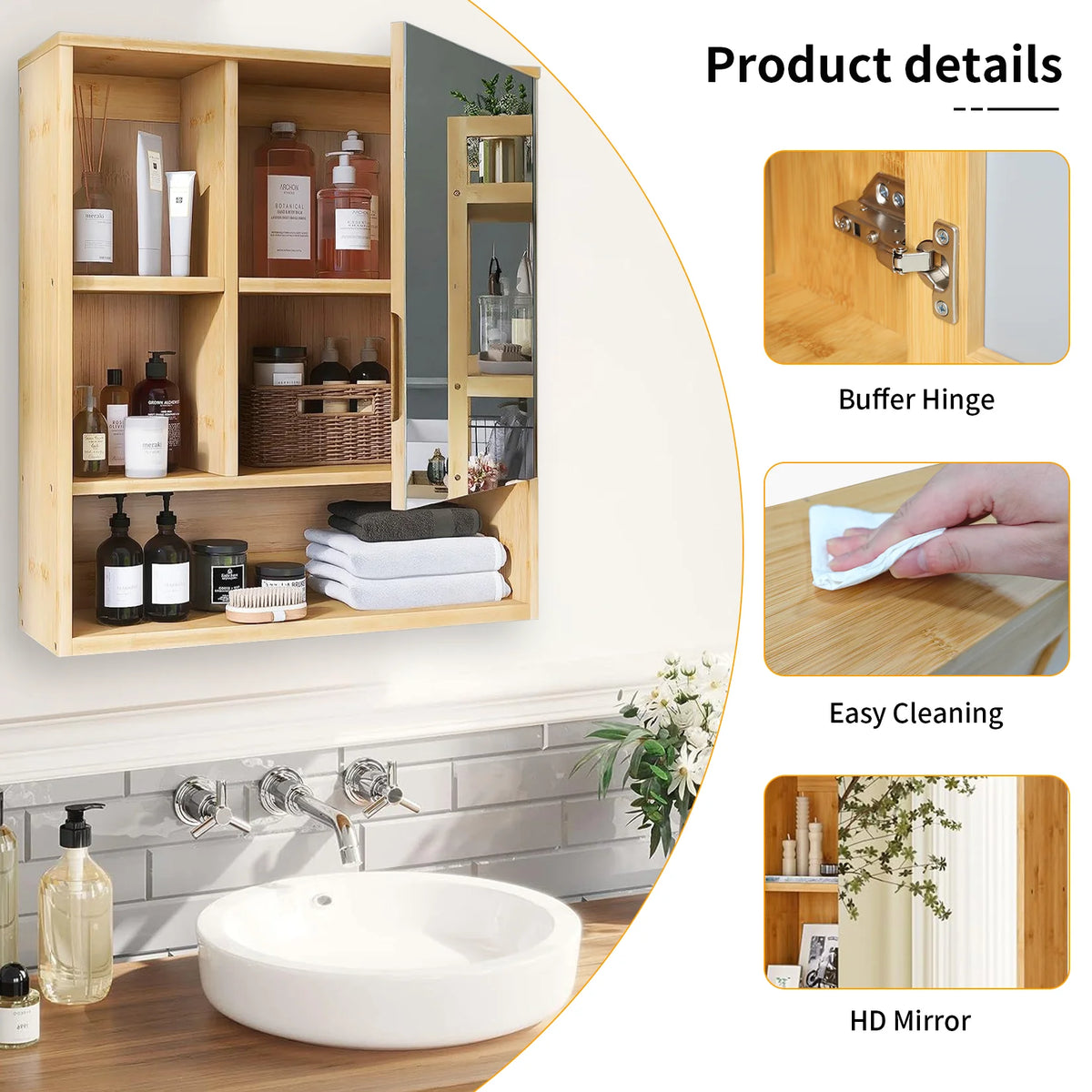 Wall Medicine Cabinet Natural Bamboo Bathroom Storage Cabinet with Mirror