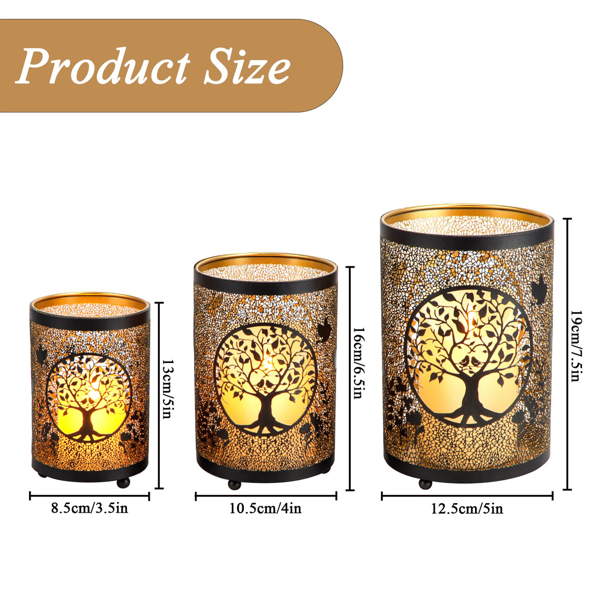 3PCS Tree of Life Candle Lantern 13&16&19cm High Etched Bronze Metal Candle Holder Decorations for Living Room Tabletop Patio