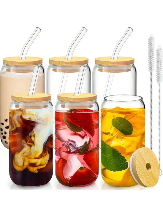 Tyrixma 6 PCS 16oz Drinking Glasses with Bamboo Lids and Glass Straws, Glass Cups with Lids and Straws, Beer, Iced Coffee Glasses, Soda, Gift 1 Cleaning Brushes.