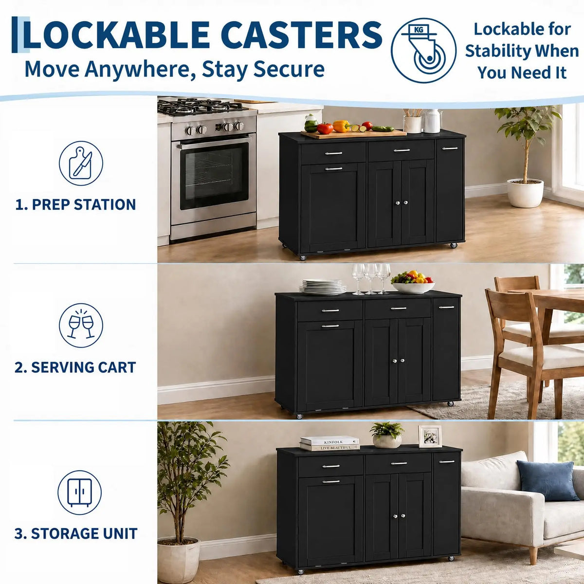 54 Inch Rolling Kitchen Island Cart With Breakfast Bar, 2 Drawers, Tilt-Out Trash Cabinet, Spice Rack, Towel Rod & Storage Shelves