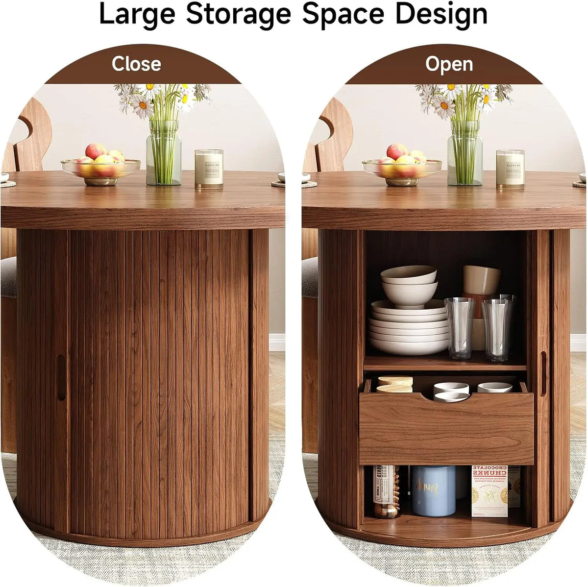 ONBRILL 47'' Round Dining Table (119cm) with Storage - Walnut Wood Finish Kitchen Table | Space-Saving Design Seats 4-6 People, Compact for Small Spaces