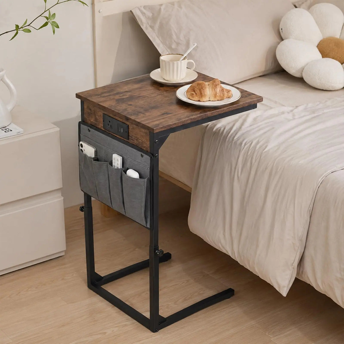 C-Shaped End Table with Charging Station - Slim Couch Side Table for Living Room/Bedroom - Built-In Outlet & Plug, Behind Sofa Use - Fire Color, US Standard Plug