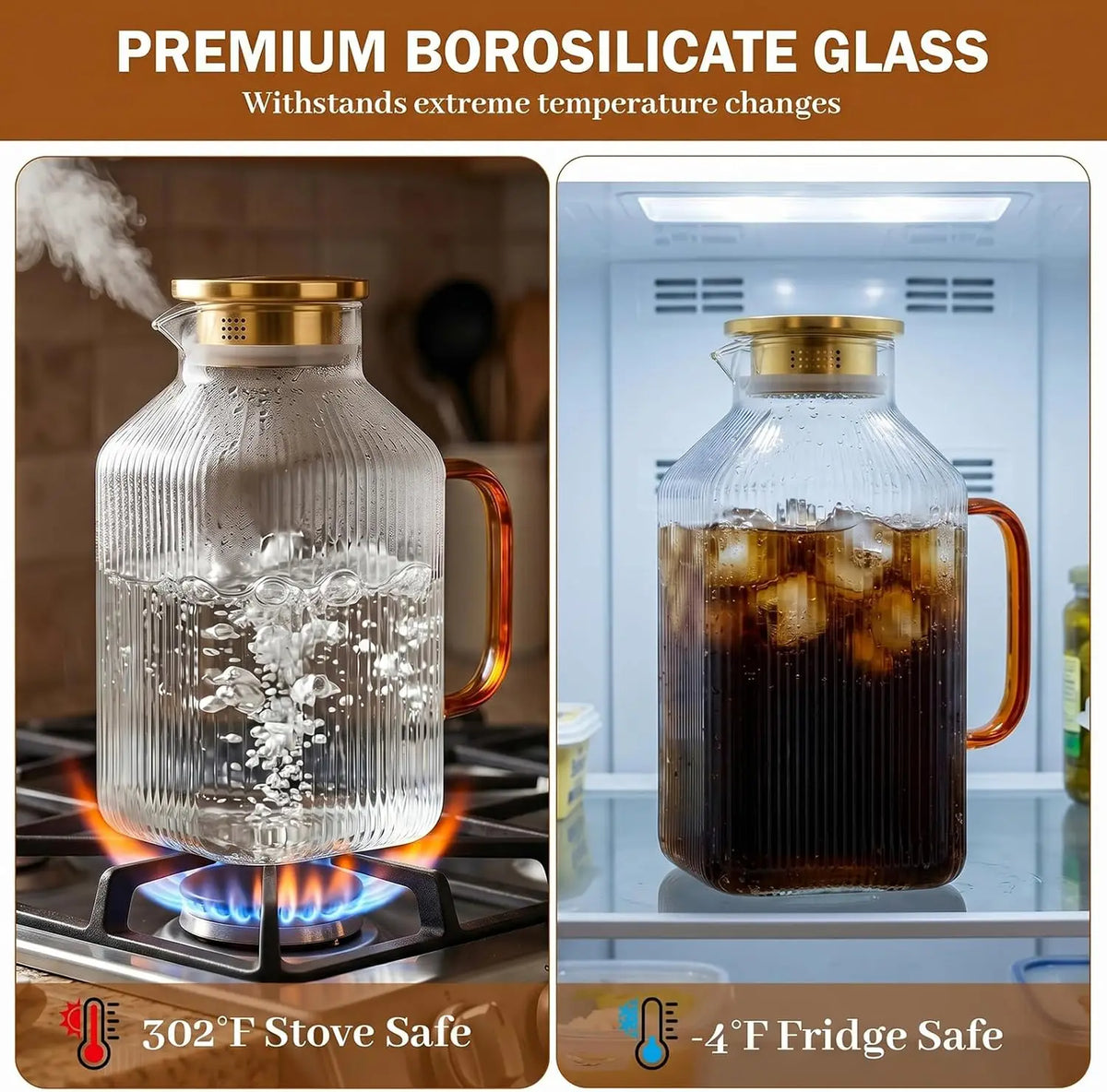 1 Gallon Square Glass Pitcher with Lid, Vertical Striped Square Pitcher with Golden Handle And Lid, Extra Large Capacity, Heat Resistant Material, Ideal for Refrigerator Storage of Iced Tea, Coffee, Juice